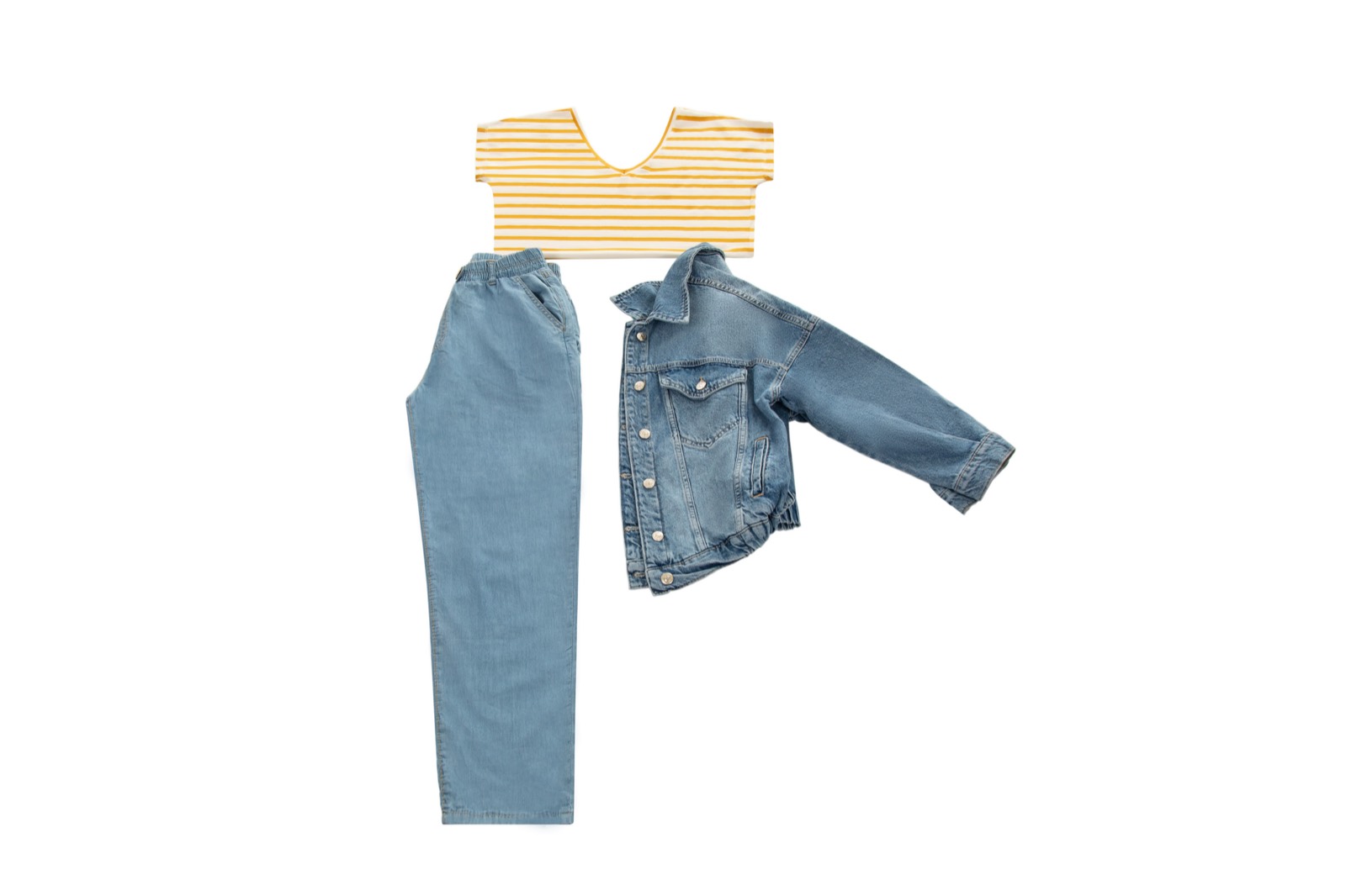 Ghost-mannequin retouch — denim jacket shaped to hollow form, no model