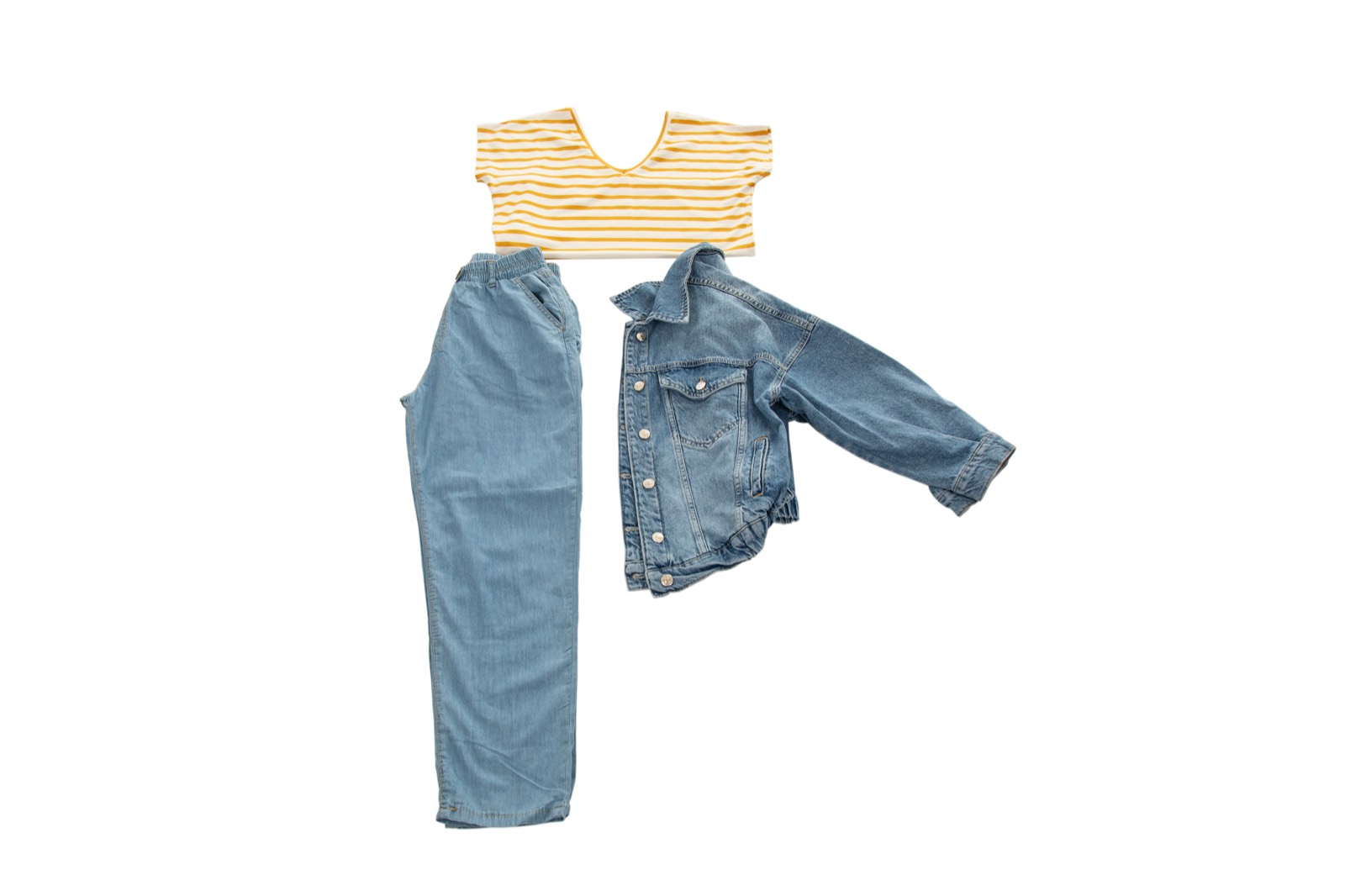 Ghost-mannequin retouch — denim jacket shaped to hollow form, no model