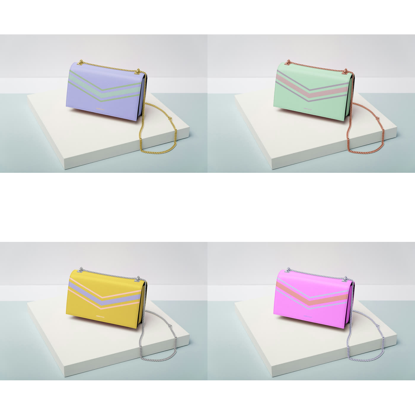 Chain-flap bag produced in four colorways from separated component paths, body and trim and hardware recolored independently.