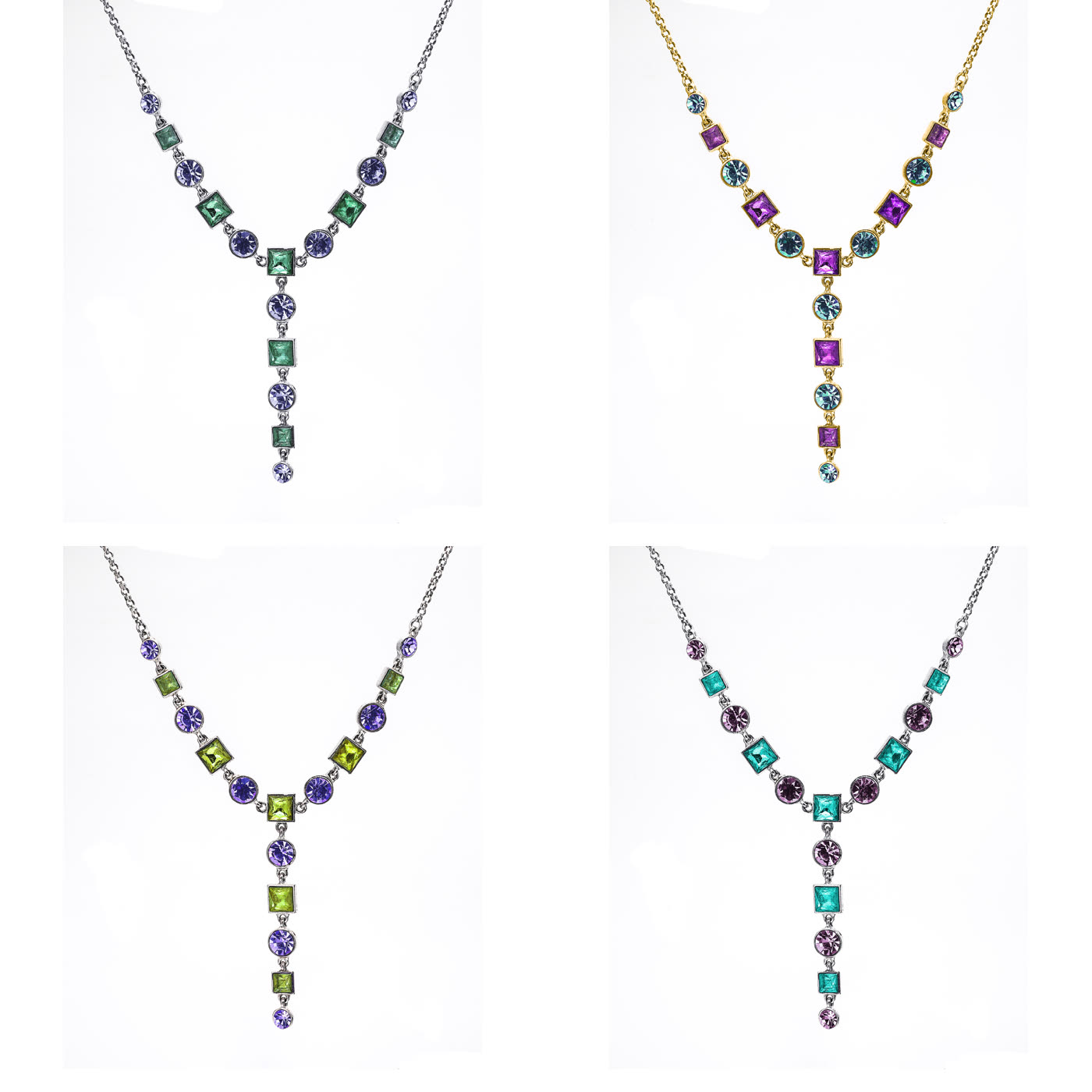 Gemstone necklace in four colorways with each stone and metal element separately isolated.