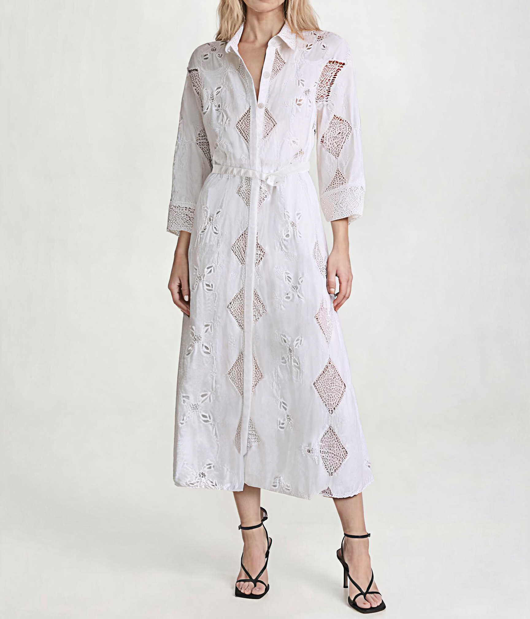 After retouch — drape and silhouette corrected, eyelet embroidery and crochet detail fully retained.